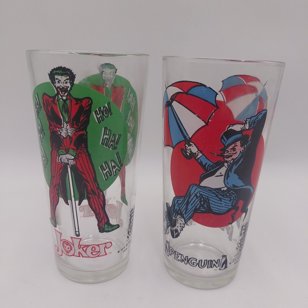 Vtg 1976 Pepsi Super Series Joker & Penguin Glasses DC Comics Villain 70s Read